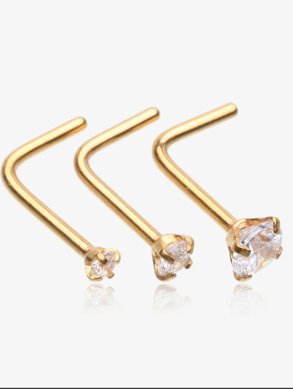 Gold Crystal L-Shaped Nose Rings - 3 Pack
